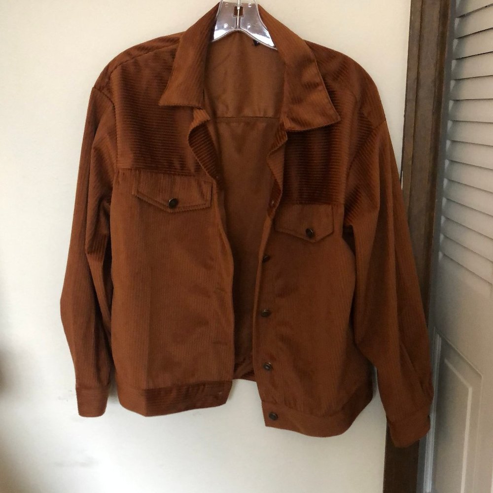 Corduroy Button-Front Trucker Jacket in Camel - Picture 2 of 11